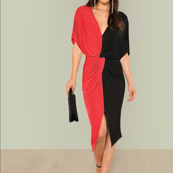 🆕Red/Black 2 tone twist front dress w/front slit - Picture 2 of 6